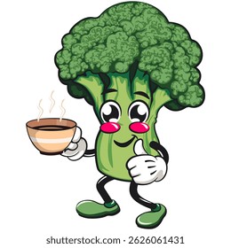 Cute broccoli vegatable vektor illustration mascot character with a cup of coffee or tea while giving a thumbs up, work of hand drawn