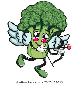 Bonito brócolis vegatable vektor ilustração mascote personagem sendo cupido com asas de anjo e a seta do amor, trabalho de mão desenhada