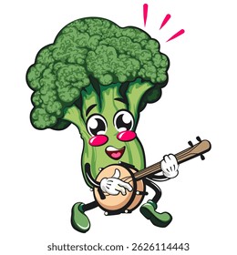 Bonito brócolis vegatable vektor ilustração mascote personagem tocando o instrumento musical banjo, trabalho de mão desenhada