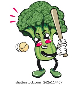 Cute broccoli vegatable vektor illustration mascot character playing baseball ready to hit the ball with the bat, work of hand drawn