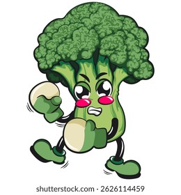 Cute broccoli vegatable vektor illustration mascot character practicing boxing wearing boxing glove, work of hand drawn