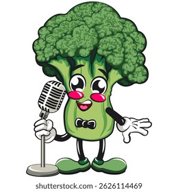 Cute broccoli vegatable vektor illustration mascot character on front of the mic become a stand up comedian, work of hand drawn