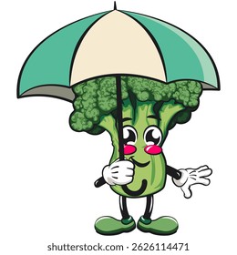 Cute broccoli vegatable vektor illustration mascot character with an umbrella, work of hand drawn