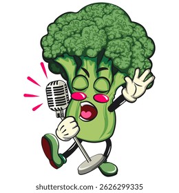 Cute broccoli vegatable vektor illustration mascot character singing with maximum style, work of hand drawn