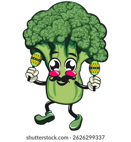 Cute broccoli vegatable vektor illustration mascot character with moustache playing maracas, work of hand drawn