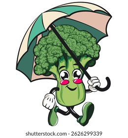 Cute broccoli vegatable vektor illustration mascot character walking with an umbrella, work of hand drawn