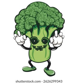 Cute broccoli vegatable vektor illustration mascot character become a scary halloween character, work of hand drawn