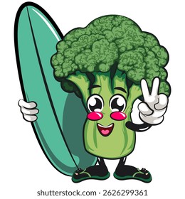 Cute broccoli vegatable vektor illustration mascot character with surfboard, work of hand drawn