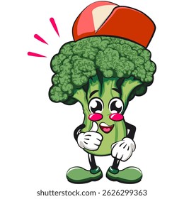 Cute broccoli vegatable vektor illustration mascot character big smile wearing a baseball cap while giving a thumbs up, work of hand drawn