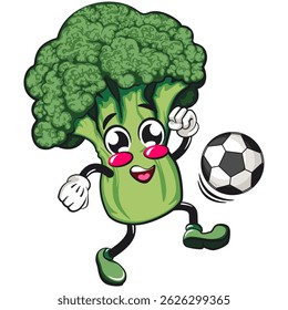 Cute broccoli vegatable vektor illustration mascot character playing football or soccer, work of hand drawn