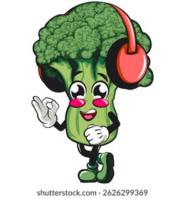 Cute broccoli vegatable vektor illustration mascot character listening to headset while dancing, work of hand drawn