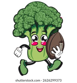 Cute broccoli vegatable vektor illustration mascot character playing rugby and american football, work of hand drawn