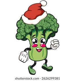 Cute broccoli vegatable vektor illustration mascot character walking while wearing a santa hat, work of hand drawn