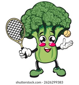 Cute broccoli vegatable vektor illustration mascot character playing tennis, work of hand drawn