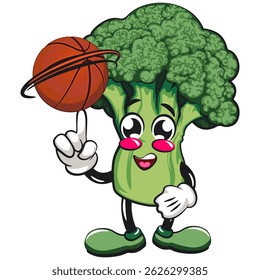 Bonito brócolis vegatable vektor ilustração mascote personagem girar o basquete com o dedo indicador, trabalho de mão desenhada