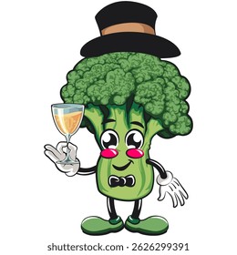 Cute broccoli vegatable vektor illustration mascot character wearing a hat and bow tie raising a wine glass, work of hand drawn