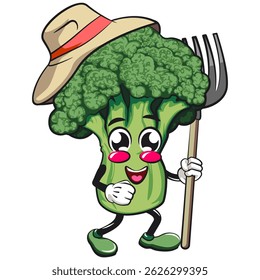 Cute broccoli vegatable vektor illustration mascot character as farmer in hat with his fork, work of hand drawn