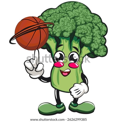 Cute broccoli vegatable vektor illustration mascot character spin the basketball with the index finger, work of hand drawn