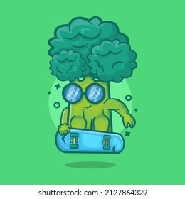 Cute broccoli vegetable character mascot playing skateboard isolated cartoon in flat style design 
