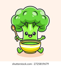 Vegetal lindo del brócoli que come la ilustración verde del icono del Vector de la historieta de la sopa. Concepto de icono de objeto de comida Vector de Premium aislado. Estilo plano de la historieta