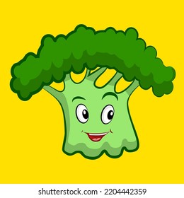 Cute broccoli vegetable smiling, clip art isolated on yellow background suitable for sticker print design, illustration or collection.