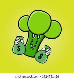 cute brocolli cartoon mascot character funny expression with money eye and holding money pouch