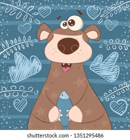 Cute broen bear with fish. Hand draw