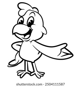 Cute Broiler Chicken cartoon characters greeting and say welcome. Best for outline, coloring book, logo, and mascot for fast food restaurant with fried chicken meal for kids