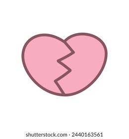 Cute broken heart icon. Hand drawn illustration of a pink cracked heart isolated on a white background. Kawaii sticker. Vector 10 EPS.