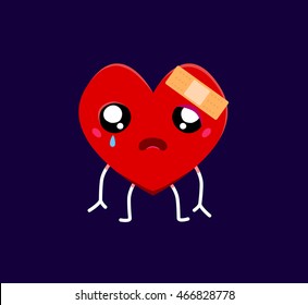 Cute broken heart. Love pain with 
band aid and crying.