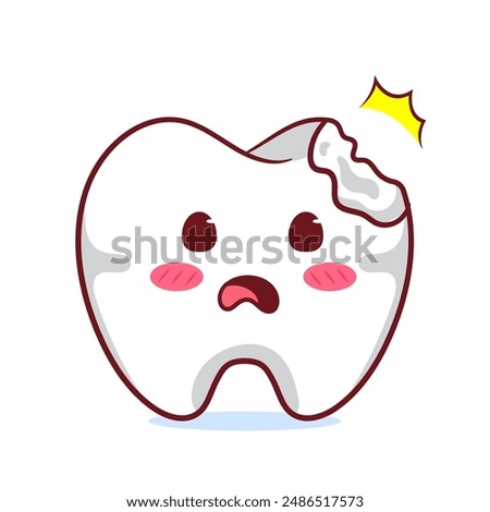 Cute Broken Tooth Cartoon Vector Character. Education Human Organ Dental Care Concept Design. Kawaii Object Illustration. Isolated White Background