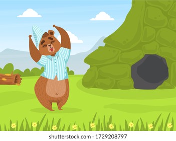 Cute Bron Bear in Pajamas and Cap Standing in front of Den on Summer Mountain Landscape Vector Illustration