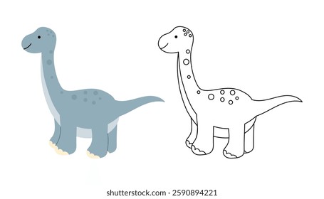 Cute brontosaurus, coloring book for kids. Friendly dino with a long neck. Children's coloring book with color example. Outline, coloring page. Vector illustration.