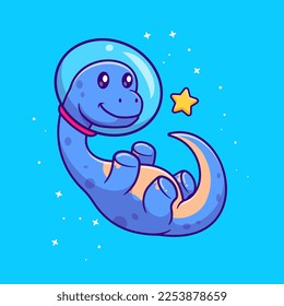 Cute Brontosaurus Dino Astronaut Catching Star In Space Cartoon Vector Icon Illustration. Animal Science Icon Concept Isolated Premium Vector. Flat Cartoon Style