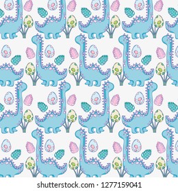 cute brontosaurus with dino eggs background