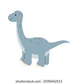 Cute brontosaurus dinosaur in a flat style. Friendly dino with a long neck. Perfect for kids designs, nursery prints, stickers. Vector illustration, isolated on a white background.