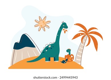 Cute Brontosaurus. Dinosaur Kids Style. Cute character. Flat vector illustration.