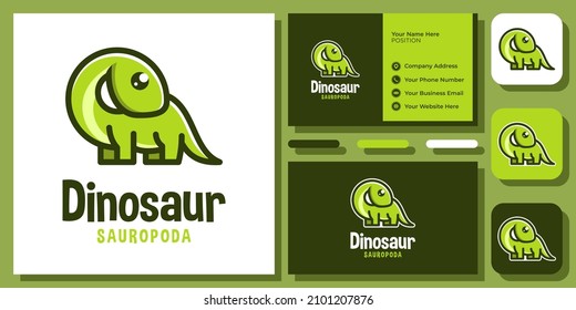 Cute Brontosaurus Dinosaur Sauropod Animal Cartoon Funny Wildlife Logo Design with Business Card Template