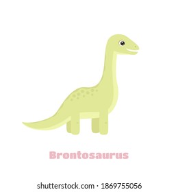 Cute brontosaurus isolated on white background. Cartoon funny character. Vector flat illustration of dinosaur.