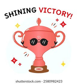 Cute Bronze Trophy Cup Cartoon Character with Sunglasses and a Shining Victory Expression