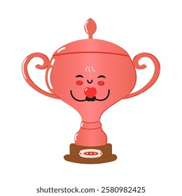 Cute Bronze Trophy Cup Cartoon Character Holding a Heart with a Joyful Expression