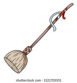 Cute broomstick doodle. Happy Halloween related icon - magic broom. Vector isolated symbol. Cartoon image element: witch or wizard flying broom