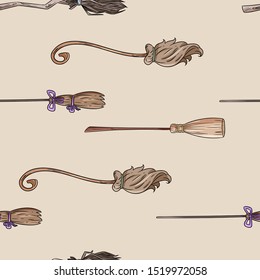 Cute broomstick doodles seamless pattern. Halloween decoration magic brooms background tile