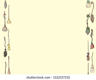 Cute broomstick doodles seamless pattern letter format. Halloween decoration magic brooms background tile. Space for text