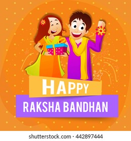 Cute Brother showing his Rakhi and Sister holding gift on orange background, Elegant Greeting Card design with Stylish Text  Happy Raksha Bandhan on paper banners.