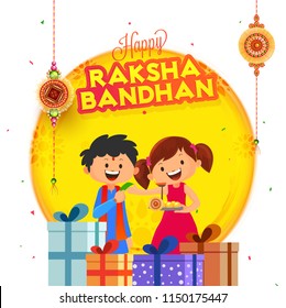 Cute brother and sister celebrating Raksha Bandhan festival with illustration of gift boxes and hanging rakhi (wristbands) on white background. 