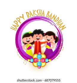 Cute brother and sister characters in circular frame for Indian Festival, Happy Raksha Bandhan celebration.