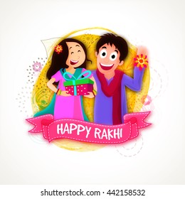 Cute Brother and Sister enjoying after celebrating Raksha Bandhan Festival, Creative abstract background with pink ribbon for Indian Traditional Festival, Happy Rakhi celebration.