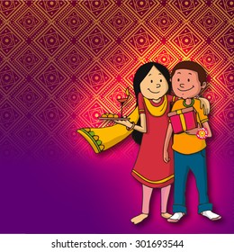 Cute brother and sister enjoying and celebrating the festival of love, Happy Raksha Bandhan on floral design decorated shiny background. 
