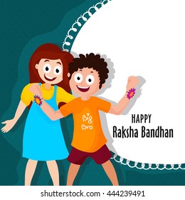 Cute Brother and Sister enjoying and celebrating on occasion of Raksha Bandhan, Elegant Greeting Card design for Indian Traditional Festival celebration.